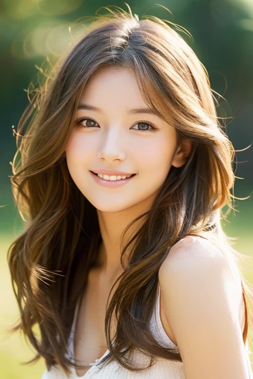 Have soft, wavy hair、Generate an image of a woman with captivating eyes。She is depicted with a smile and her upper body.、It gives off a warm atmosphere。