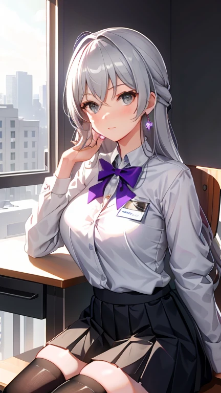 Bronya, 1girl, solo, ((white shirt)), black thighhighs, breasts, cleavage, uniform, office background, black skirt, pleated skirt, office, hair between eyes, purple earring, large breasts, long hair, looking at viewer, silver short nails, grey eyes, solo, thighhighs, thighs, very long hair, ((masterpiece)), sitting, chair, desk, computer on desk, name tag, id tag, indoor, blush, sexy pose, hands behind,