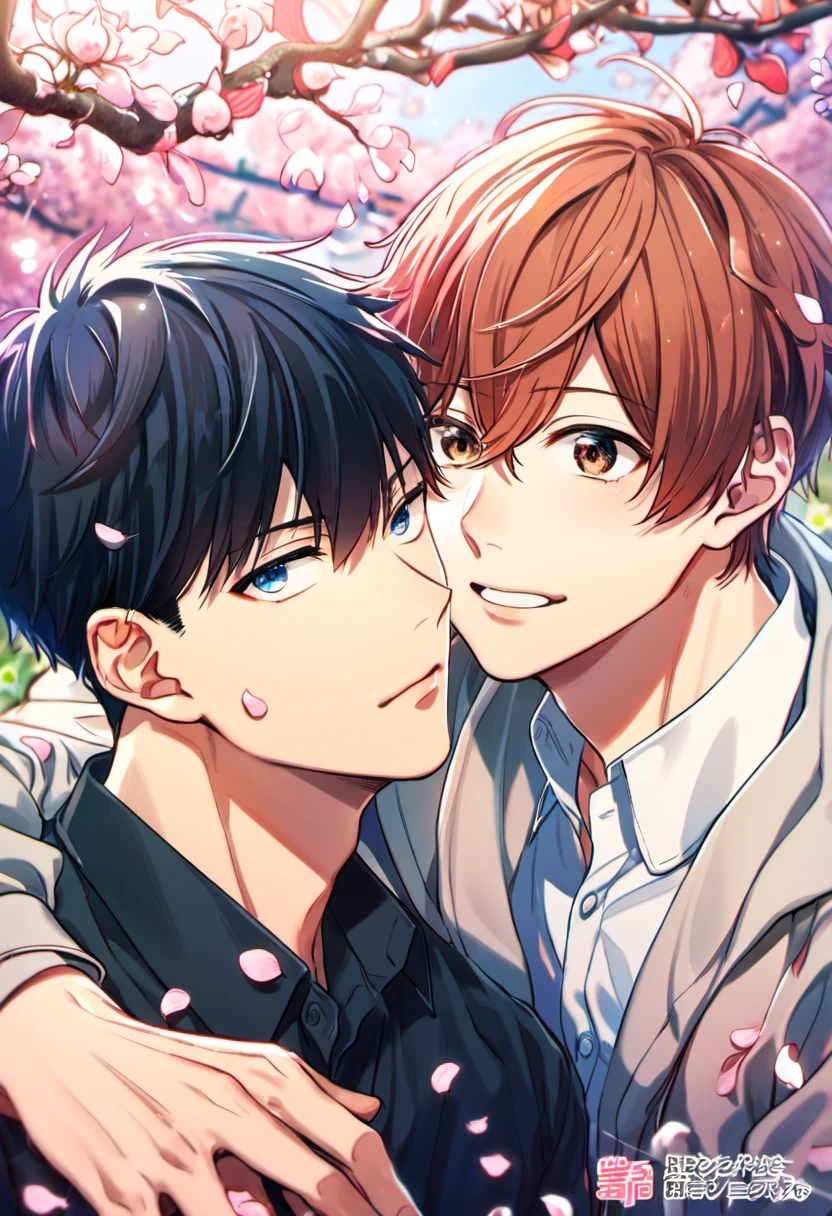 absurdres, highres, ultra detailed, HDR), master piece, best quality, Uenoyama Ritsuka, black hair, expressive blue eyes, Given, Sato Mafuyu, pink-brown hair, expressive brown eyes, 2men together, gay couple, handsome, petals, garden