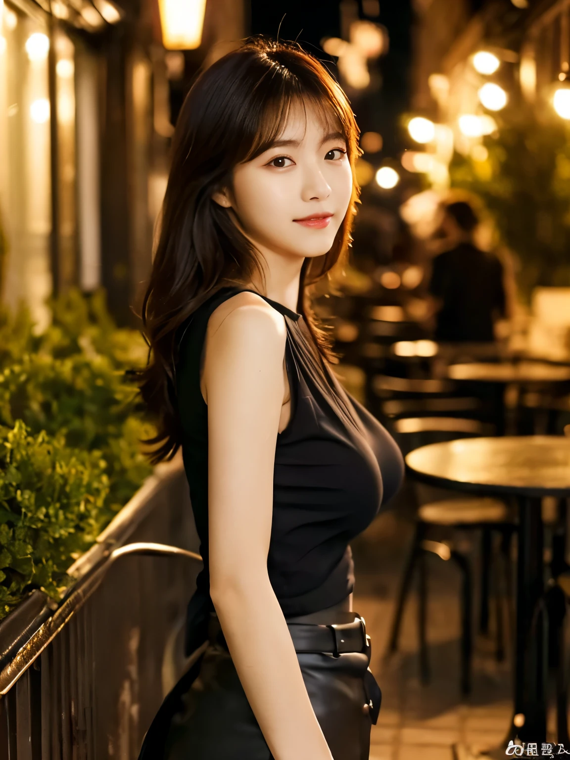 1 girl, (wearing a black blouse:1.2), black short skirt, beautiful Japanese actress, (RAW photo, highest quality), (realistic, Photoreal:1.4), masterpiece, very delicate and beautiful, very detailed, 2K wallpaper, wonderful, finely, very detailed CG Unity 8k wallpaper, Super detailed, High resolution, soft light, beautiful detailed girl, very detailed目と顔, beautifully detailed nose, beautiful and detailed eyes, Long hair, cinematic lighting, break, (Against the backdrop of a outside the open cafe terrace 1.3), city lights, perfect anatomy, slender body, smile, Face the front completely, (look at the camera), (waist shot), (emphasize big breasts),  (full body shot), (Random body direction), (Shooting from a long distance),