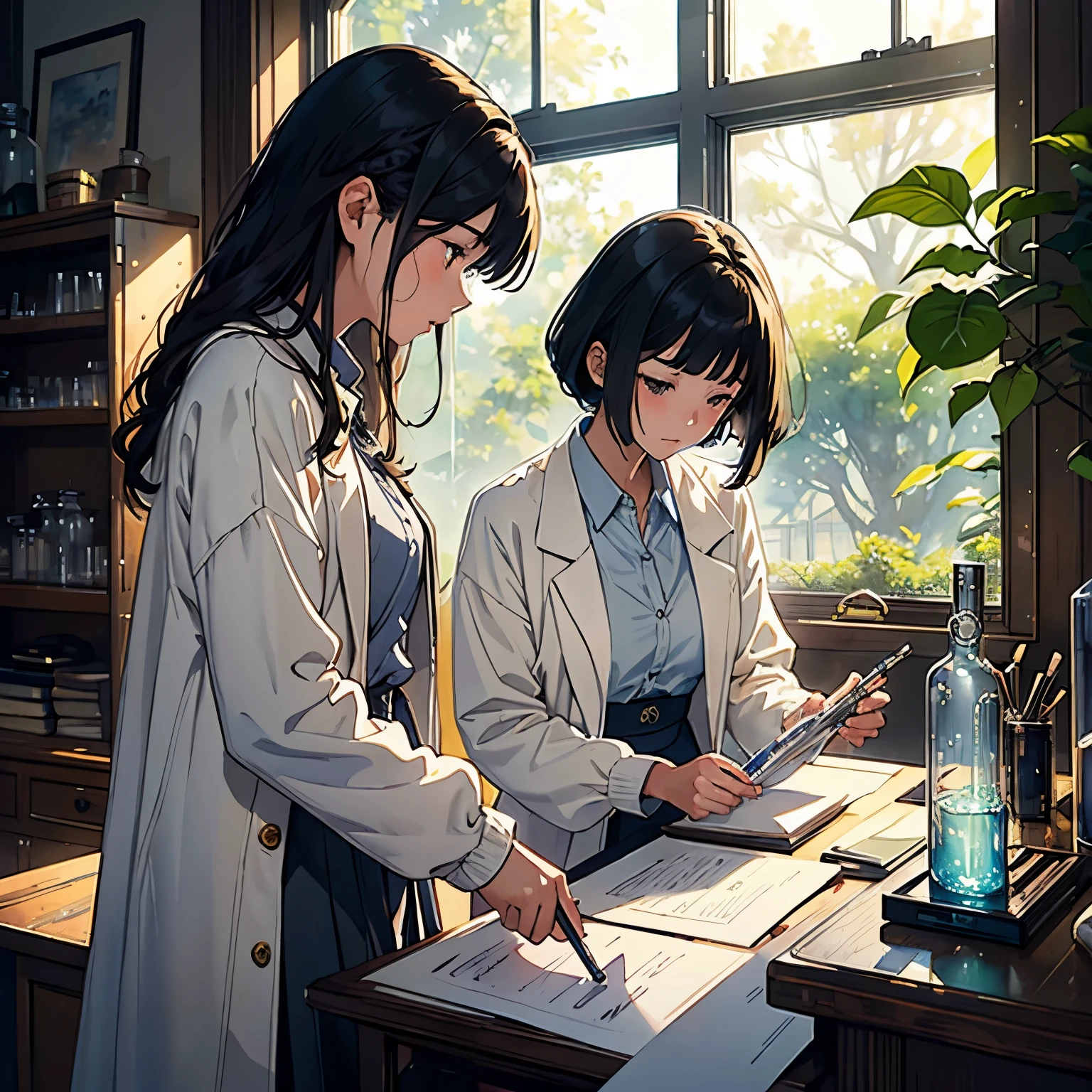 (highest quality、masterpiece、High resolution)、(Sargent style watercolor)、(anime art)、soft light、((two women))、((The two are talking while holding documents))、17 years old、18-year-old、medium short hair、black hair、dark brown hair、braided hair、small breasts、uniform、long skirt、((wearing a white coat))、白いブラウスとlong skirt、Institute of Earth Sciences、鉱物標Book、Book、Laboratory instrument、test tube、beaker、flask、Alcohol lamp、Labware、Floral、window、Foliage plant、 blur the background、