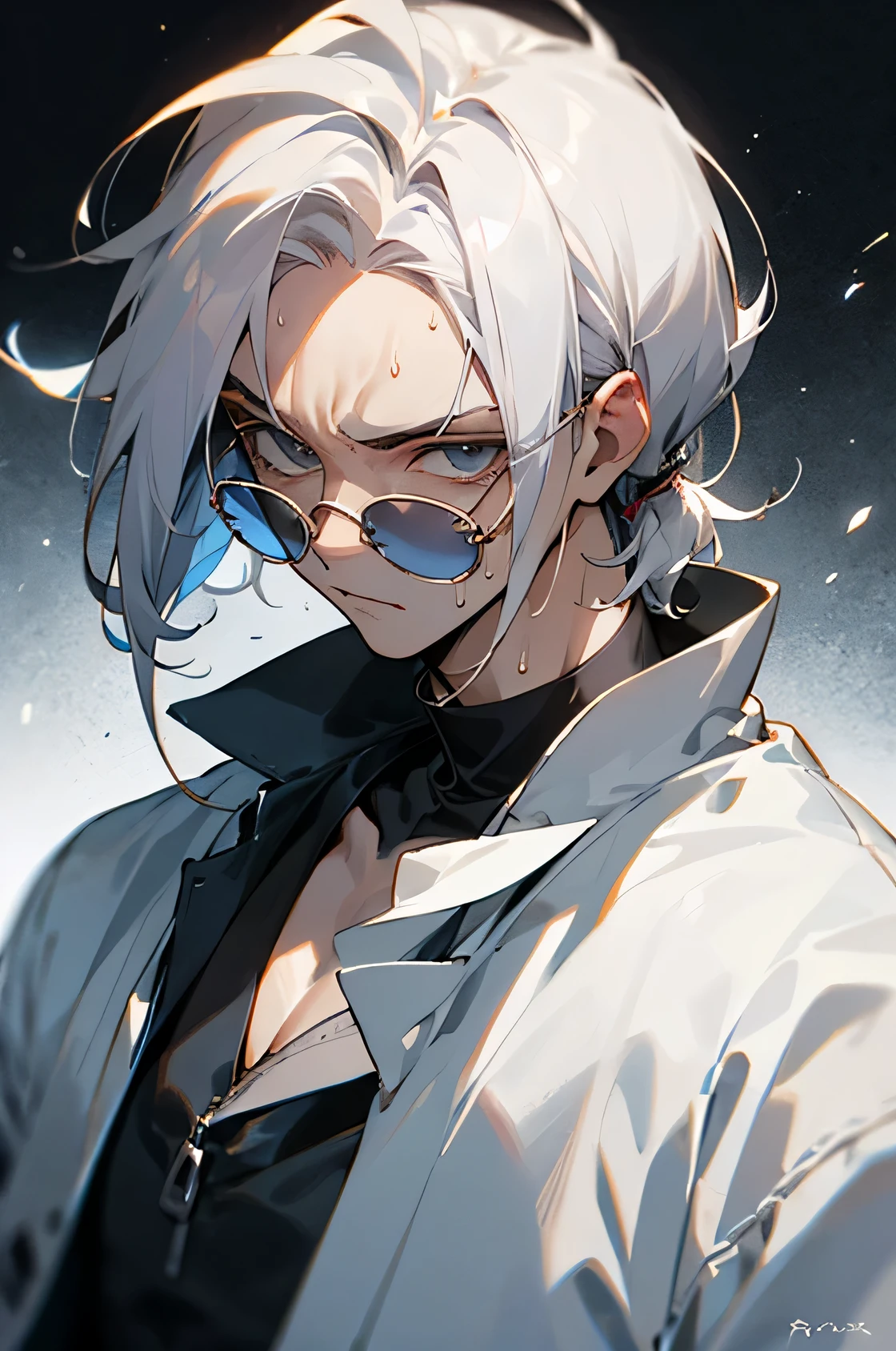 um garoto de anime de 19 anos, com o cabelo branco e roxos, sweating glasses