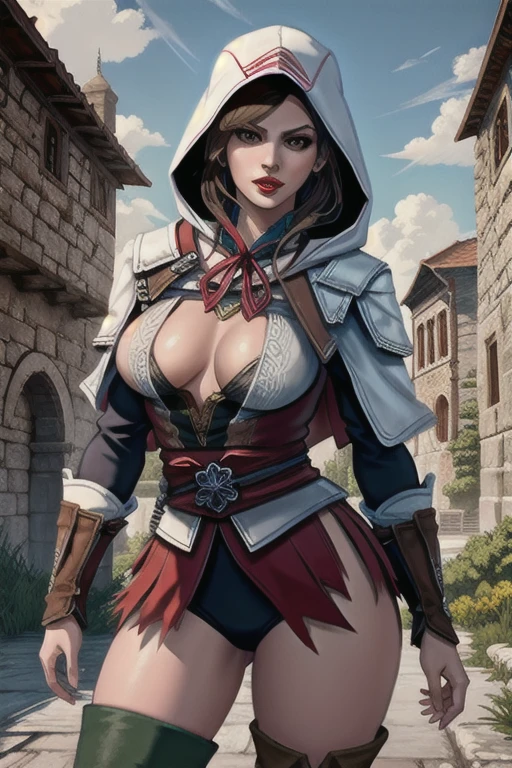 La mujer, Стиль Assassin's Creed, ropa corta, poca ropa,medias, stockings, botas hasta la rodilla, Pulseras en las piernas, Ciudad medieval al fondo, Renacimiento, muy detallado, Realistic long-term photography., 4k, pelo largo, brown hair, By the chestnut, labios rojos, Chica con traje de Assassin&#39;s Creed Altair con capucha, hood, Assassin symbol&#39;s Creed en la cintura, sexy,red lips, brown eyes, big breasts, pechos grandes, breasts