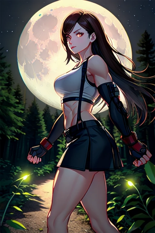 masterpiece, best quality, defTifa, long black hair, reddish-brown irises, medium breasts, small waist, perfect figure, strong muscles, highly detailed, expressive eyes, perfect face, white crop top, elbow pad, fingerless gloves, suspenders, short skirt, looking at viewer, walking, front shot, (Background: Outdoors, in the forest, night, moon, moon light luminating on the forest flor)
