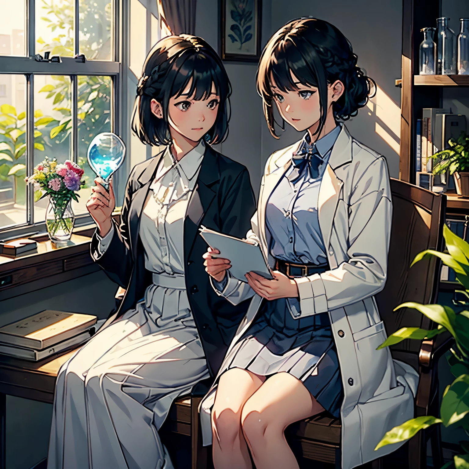 (highest quality、masterpiece、High resolution)、(Sargent style watercolor)、(anime art)、soft light、((two women))、((The two are talking while holding documents))、、18-year-old、medium short hair、black hair、dark brown hair、braided hair、small breasts、uniform、long skirt、((wearing a white coat))、白いブラウスとlong skirt、Institute of Earth Sciences、鉱物標Book、Book、Laboratory instrument、test tube、beaker、flask、Alcohol lamp、Labware、Floral、window、Foliage plant、 blur the background、