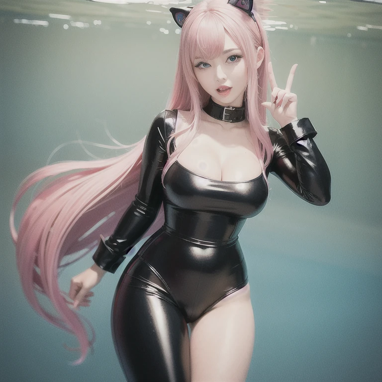 (masterpiece, highest quality:1.2), 1 girl, alone　A woman in a rubber suit is making an ahegao face and giving a double peace sign　an underwater city　beautiful girl　Hair Color Pink　　High resolution　With nose hook