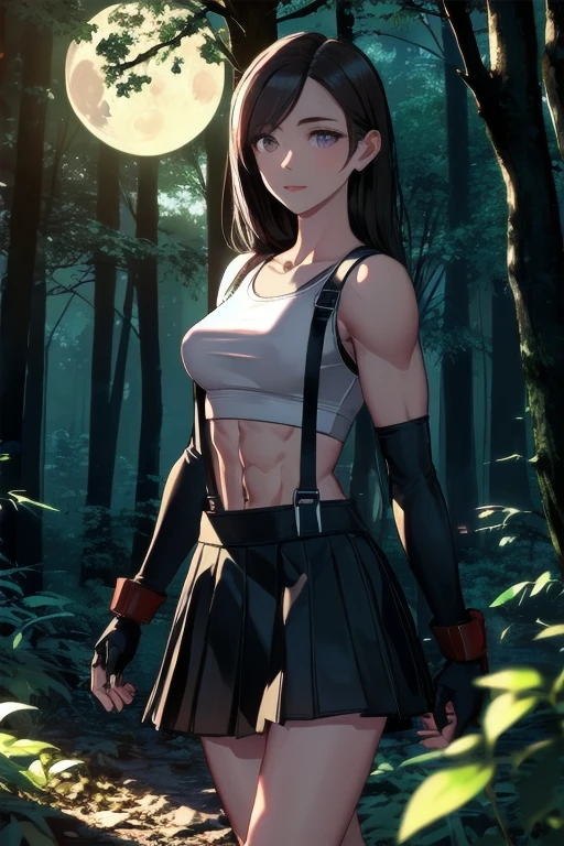 ((masterpiece,best quality, detailed)), forest, ((on tree)), night, stars, moon, envy (fma), 1boy, headband, crop top, evil smile, male focus, midriff, fingerless gloves, bike shorts, skirt, cowboy shot, looking at viewer, leg tattoo