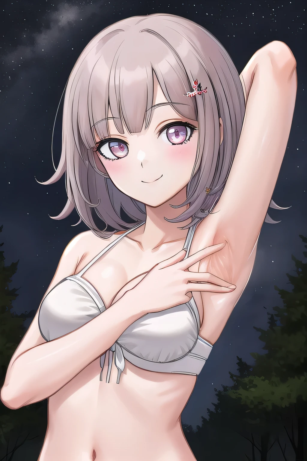1girl, solo, hair ornament, white bikini, looking at viewer, hairclip, solo, night sky, forest, arms behind head, contrapposto, spread armpits, closed mouth, smile, upper body, breasts, medium hair,