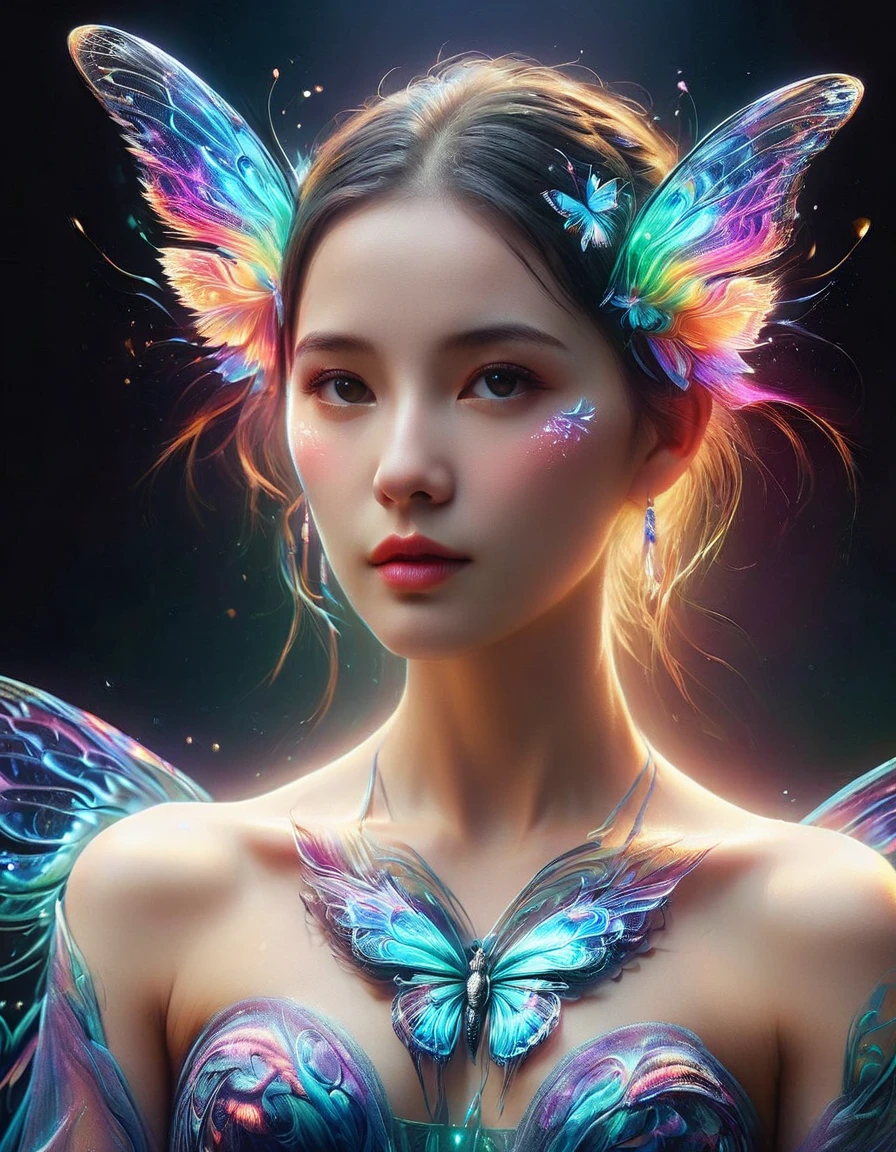 A surreal digital portrait of a European girl, She has glowing butterfly wings, Immerse yourself in a world of vibrant and neon colors, With the light of another world, Semi-flight state, Elements of fantasy and fantasy, Evoke the extravagance of surrealist art with exaggerated perspective, Use soft brushstrokes to add texture and depth to your image, Highlighting the intricate pattern and glowing effect of her wings, Eyes on the audience, first-person view, UHD, masterpiece, ccurate, anatomically correct, textured skin, award winning, best quality, 8k