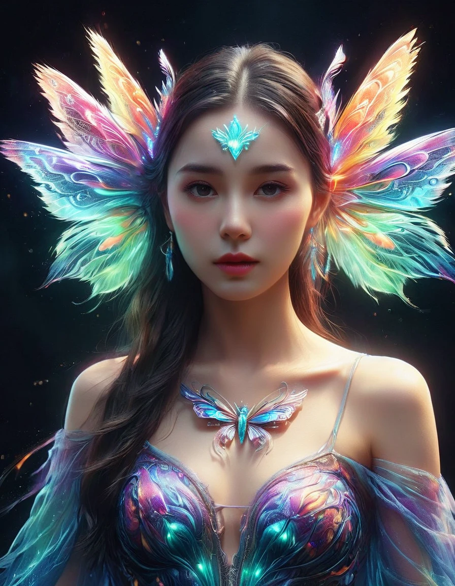 A surreal digital portrait of a European girl, She has glowing butterfly wings, Immerse yourself in a world of vibrant and neon colors, With the light of another world, Semi-flight state, Elements of fantasy and fantasy, Evoke the extravagance of surrealist art with exaggerated perspective, Use soft brushstrokes to add texture and depth to your image, Highlighting the intricate pattern and glowing effect of her wings, Eyes on the audience, first-person view, UHD, masterpiece, ccurate, anatomically correct, textured skin, award winning, best quality, 8k