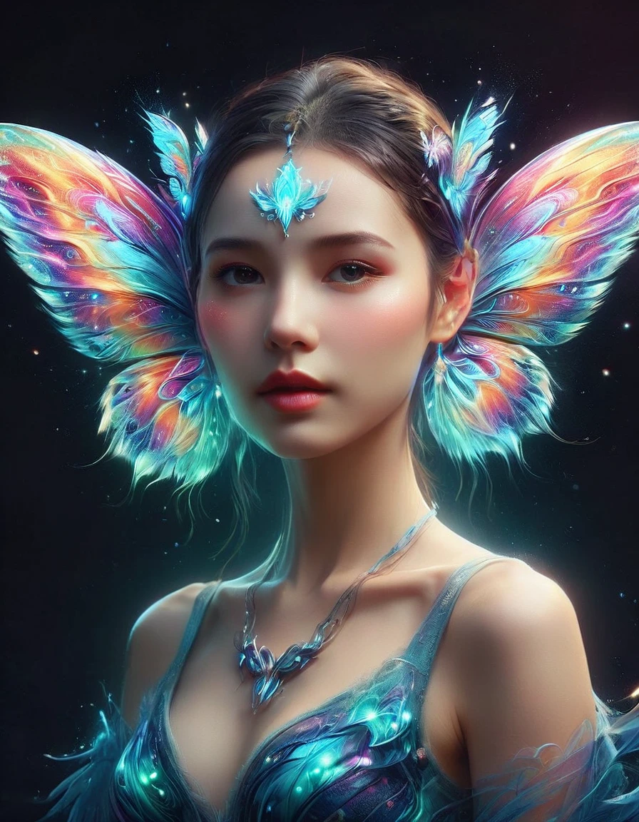 A surreal digital portrait of a European girl, She has glowing butterfly wings, Immerse yourself in a world of vibrant and neon colors, With the light of another world, Semi-flight state, Elements of fantasy and fantasy, Evoke the extravagance of surrealist art with exaggerated perspective, Use soft brushstrokes to add texture and depth to your image, Highlighting the intricate pattern and glowing effect of her wings, Eyes on the audience, first-person view, UHD, masterpiece, ccurate, anatomically correct, textured skin, award winning, best quality, 8k