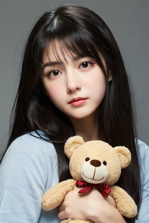 Beautiful girl has a sad expression、The eyes and nose are clearly defined.、While describing her long black hair,、Create a figure holding a worn-out teddy bear doll.。She was a little dirty looking.、The background gives off a sad vibe。