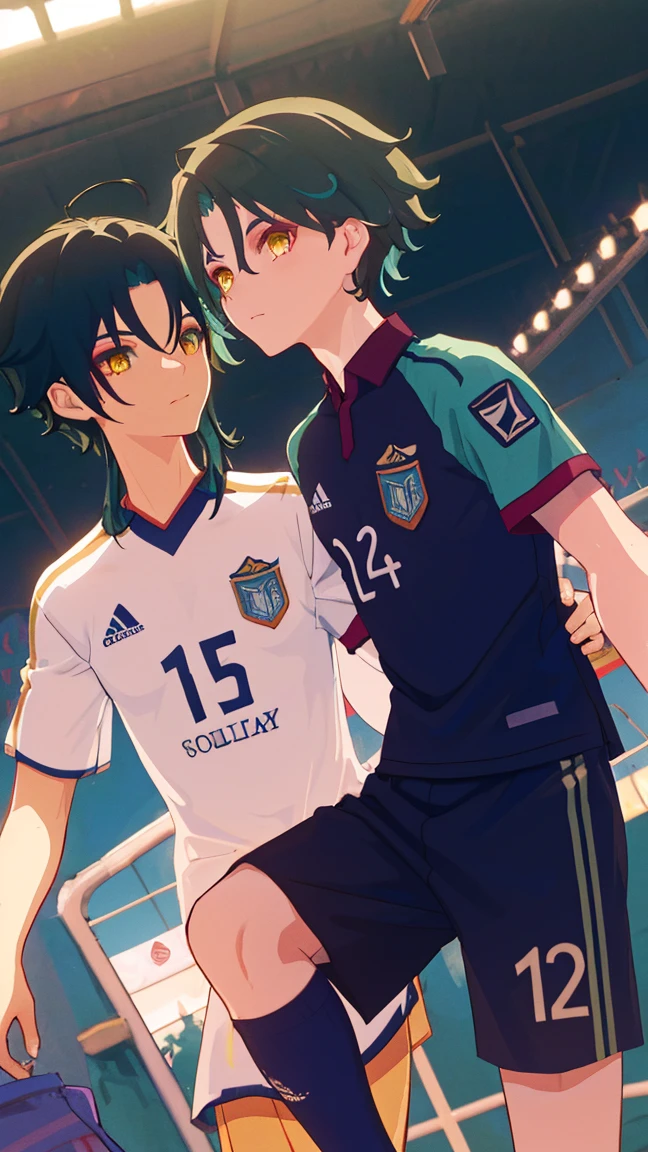 2 boys,dark green hair,highest quality,masterpiece,excessive,male focus,yellow eyes,beautiful eyes,beautiful boy,School,between men,Spouse,soccer club members,Blue soccer uniform,soccer,high school,soccer uniform,blue clothes,soccer court,teammate,same clothes,shoulder to shoulder,feminine,good friend,best image quality,