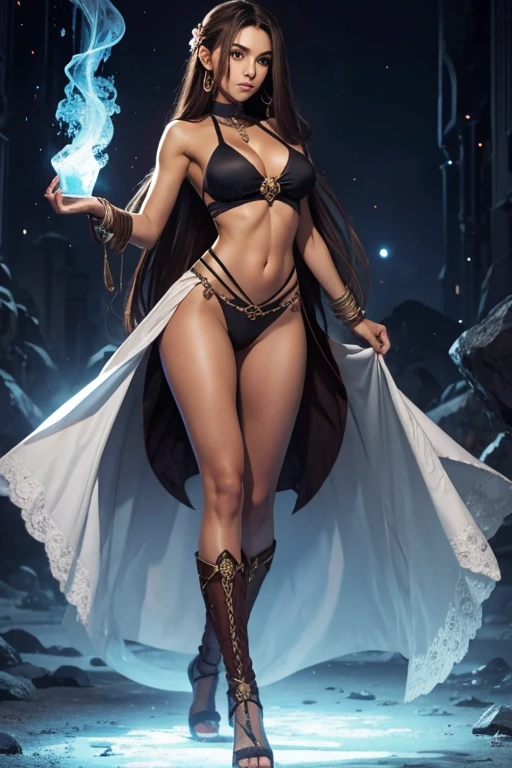 Djinn Female, futanari, very dark tan, extremely long brown hair, tall, slender build, highly fit with moderately defined muscle. Grey & Red harem girl outfit. ice blue eyes.