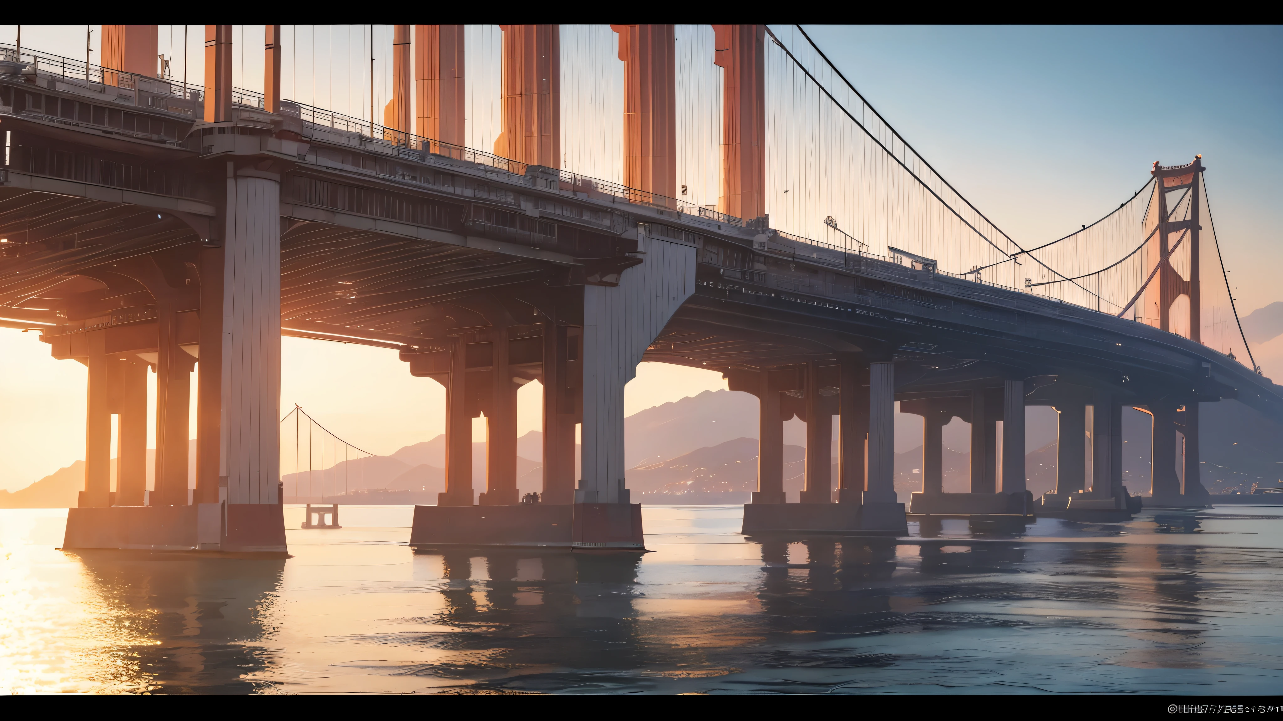 (8K、High definition、complicated、masterpiece:1.1)、A breathtaking view of the Akashi Kaikyo Bridge from a lofty vantage point, as the colossal aircraft carrier Izumo sails directly beneath it. The intricate details of the bridge's towering pillars and meticulously woven steel cables are brought to life in this captivating, high-definition 8K image. The pristine water reflecting the spectral brilliance of the setting sun casts a golden hue upon the carrier, adding a sublime and realistic touch to the scene. The play of light and shadow on the Izumo's surface, combined with the