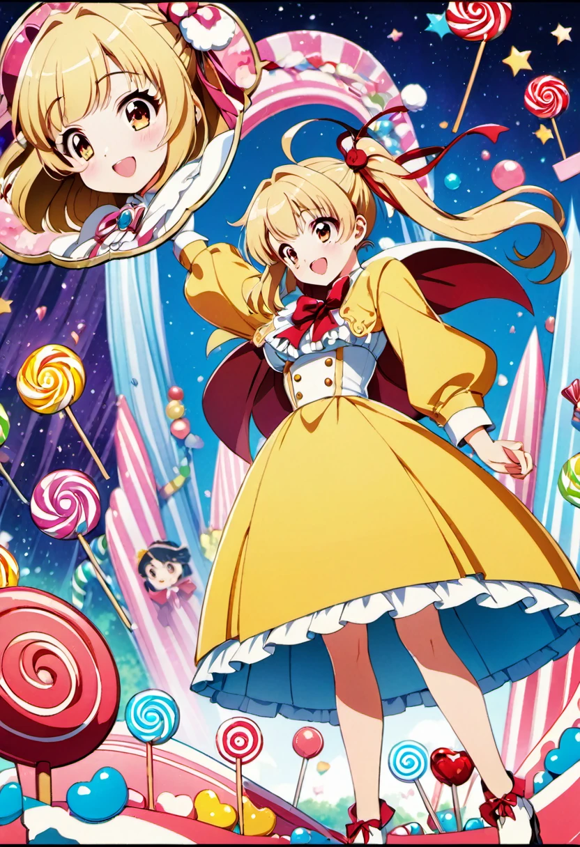 (best quality, highres, ultra sharp), Candy Candy\' by Toei Animation, detailed art style, vintage aesthetic, emotional melodrama, inspired by Keiko Nagita and Yumiko Igarashi's original manga, in candyland, Blonde,