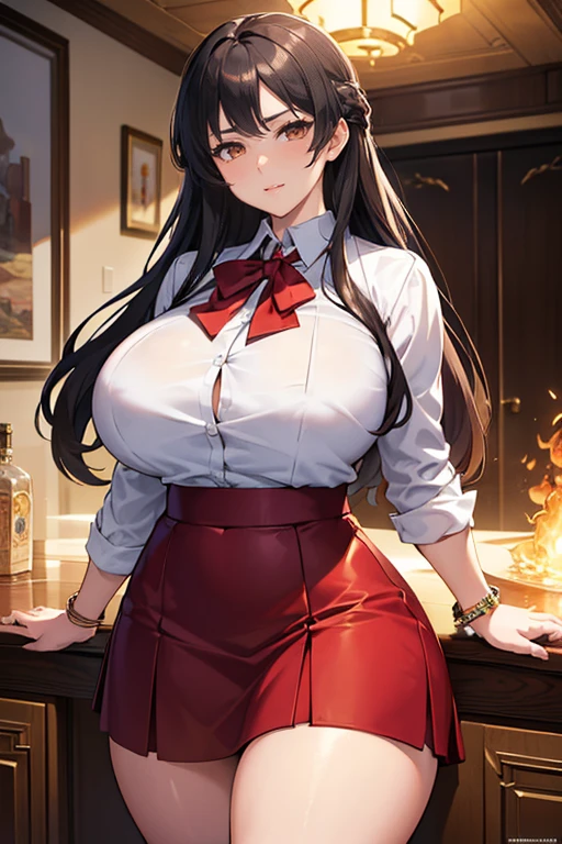 ((In the style of Fire Emblem Engage)), (Ultra Masterpiece), Best quality, OverDetailed, Ultra-Detailed, Digital Art, Detailed Face, (18K++, HD+), Hyper-Detailed Eyes, (Absurdres), Skindentation, (Realism), (Best shadow), (Anime); Steely eyes, /(Tsundere face)/, /(Tsundere looks)/, (Perfect face)++, (seductive beauty)+, Plump Gyaru, Huge breasts, Very curvy, (dark hair), Long hair, Bracelets, Beautiful hairstyle, (amber eyes), Full lips, (face filled with happiness, shy expression), very cute, ((beautiful character design)), At home; ((Intricate Clothes)), Professional photo. (Toned legs, Thick thighs), Big breasts, Ray tracing, (Perfect face)+, Octane render, good looking shirt, ((white) collared shirt: 1.3), (open), good-looking skirt, ((red) Skirt: 1.2), mini-skirt, At home, Huge breasts, Wide hips, (Shiny skin), (Very healthy body), 1 Female, (bold and assertive pose), (Very sexy++, Gorgeous woman++, young mature woman+), Facing the viewer, (Tsundere)+