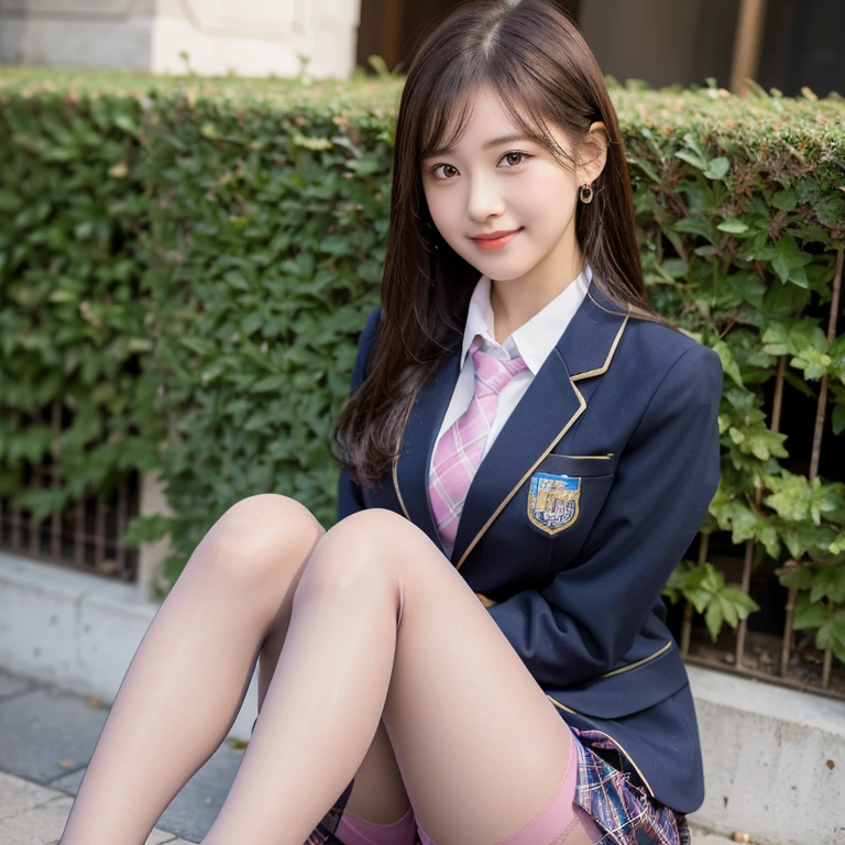 (8K), (highest quality: 1.2), (realistic), (realistic: 1.37), ultra high resolution, (1 girl), cute, smile, closed mouth, beautiful details, beautiful nose, wet hair, giant dulcefo, pork, thighs，self snap,University Student Uniform,simple blazer,pleated skirt,(The pattern of the skirt and tie is a tartan check pattern....:1.3),(sitting:1), sit on the ground,(hug your feet:1),(Pink tights),from the front,knees