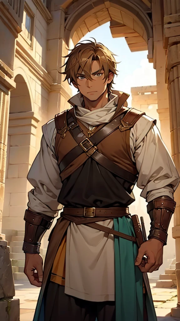 1man an ancient soldier good physique from medieval times light brown eyes light tan skin color short light brown hair