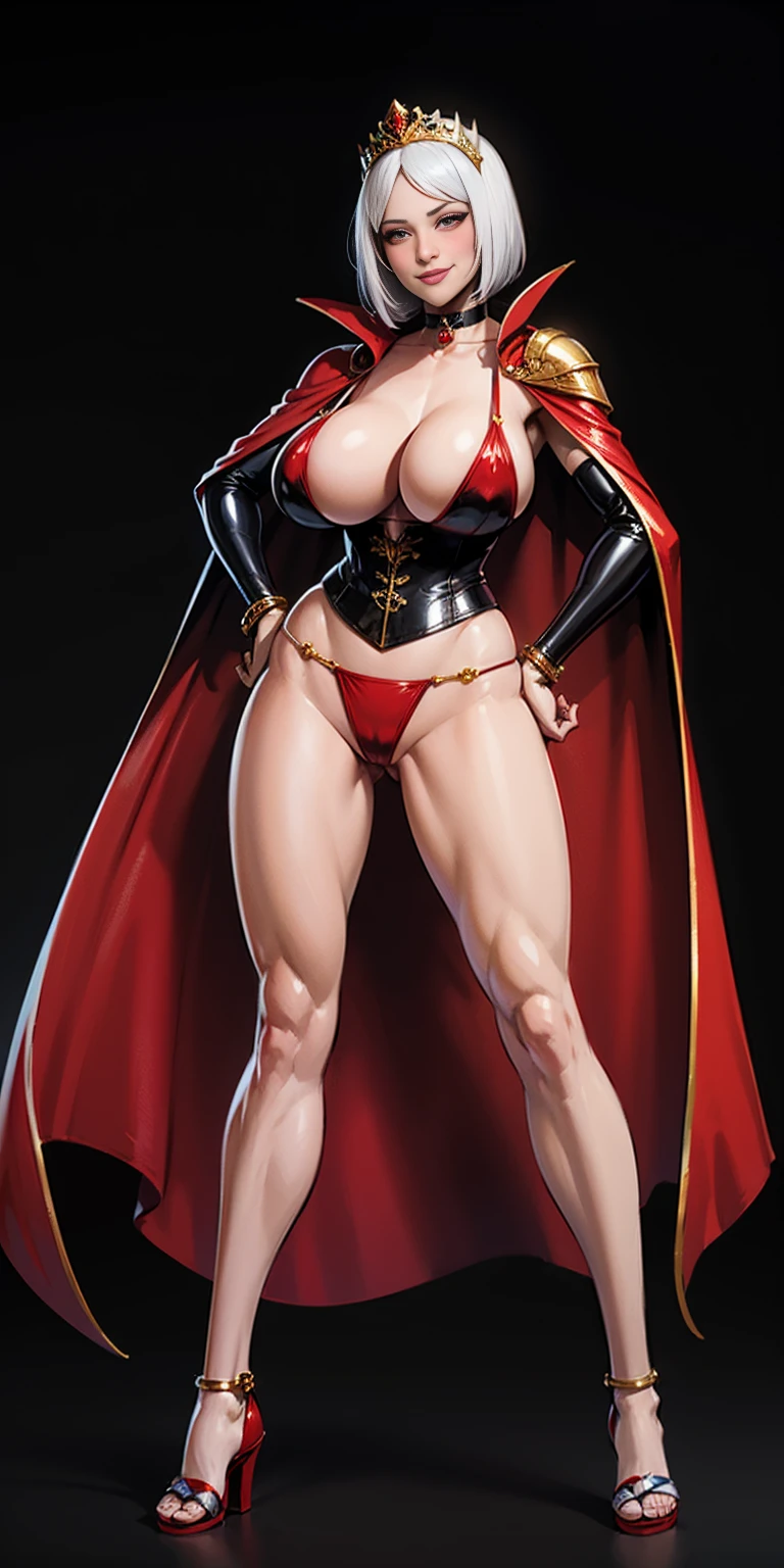 ((BLACK BACKGROUND,1:2, masterpiece)), full body MILF BIMBO standing with two long thighs and two high heels, red eyes, silver white hair, short bob style hair, big breasts, cleavage, separate sleeves, tiara royal, long cape up to two feet, yellow bikini, hands on waist, navel, lustful smirking smiling, smile face (red blushed, red cheeks), metal shoulders, gold sleeveless armbands, black leather choker slave collar, shackle bracelets, sex slave red crest, full body MILF BIMBO standing with two long thighs and two metal sandals, red eyes, silver white hair, short bob style hair, big breasts, cleavage, separate sleeves, tiara royal, long cape up to two feet, yellow bikini, hands on waist, navel, lustful smirking smiling, smile face (red blushed, red cheeks), metal shoulders, gold sleeveless armbands, black leather choker slave collar, shackle bracelets, sex slave red crest, pauldrons, breastplate, corset, eye focus, full body, whole body. 1solo . slave fighter, loincloth standing, hands on hips, metal sandals, backpack, choker, big belt, view from below, feet together, bracers, tiara)