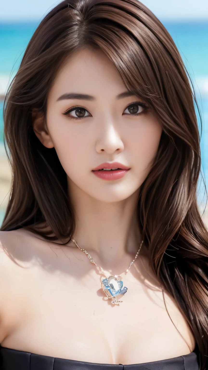 ((genuineライティング、highest quality、8K、masterpiece:1.3))、8K、clear focus:1.2、NSFW、（nude:1.5）、((genuine)) 、((genuine light、highest quality) )、model body shape:1.4、(dark brown hair、outside:1.8)、dark brown eyes、long hair、resort、At Nangoku Hotel、(24-years-old:1.3)、super detailed face、fine eyes、double eyelid、necklace、Put your hair over one eye、high heels、eyeliner、comb hair、Blue sea view、liberation、model pose、、(NSFW:1.3)
