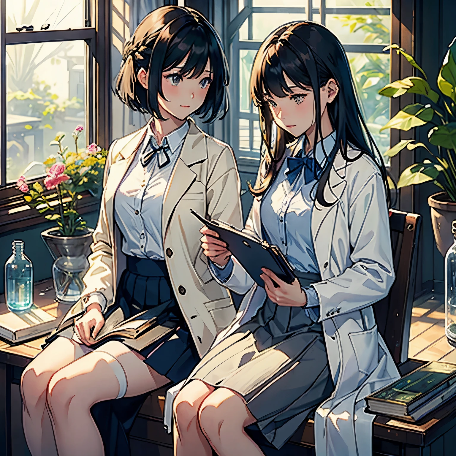 (highest quality、masterpiece、High resolution)、(Sargent style watercolor)、(anime art)、soft light、((two women))、((The two are talking while holding documents))、、18-year-old、medium short hair、black hair、dark brown hair、braided hair、small breasts、uniform、(long skirt)、((wearing a white coat))、白いブラウスとlong skirt、Institute of Earth Sciences、鉱物標Book、Book、Laboratory instrument、test tube、beaker、flask、Alcohol lamp、Labware、Floral、window、Foliage plant、 blur the background、