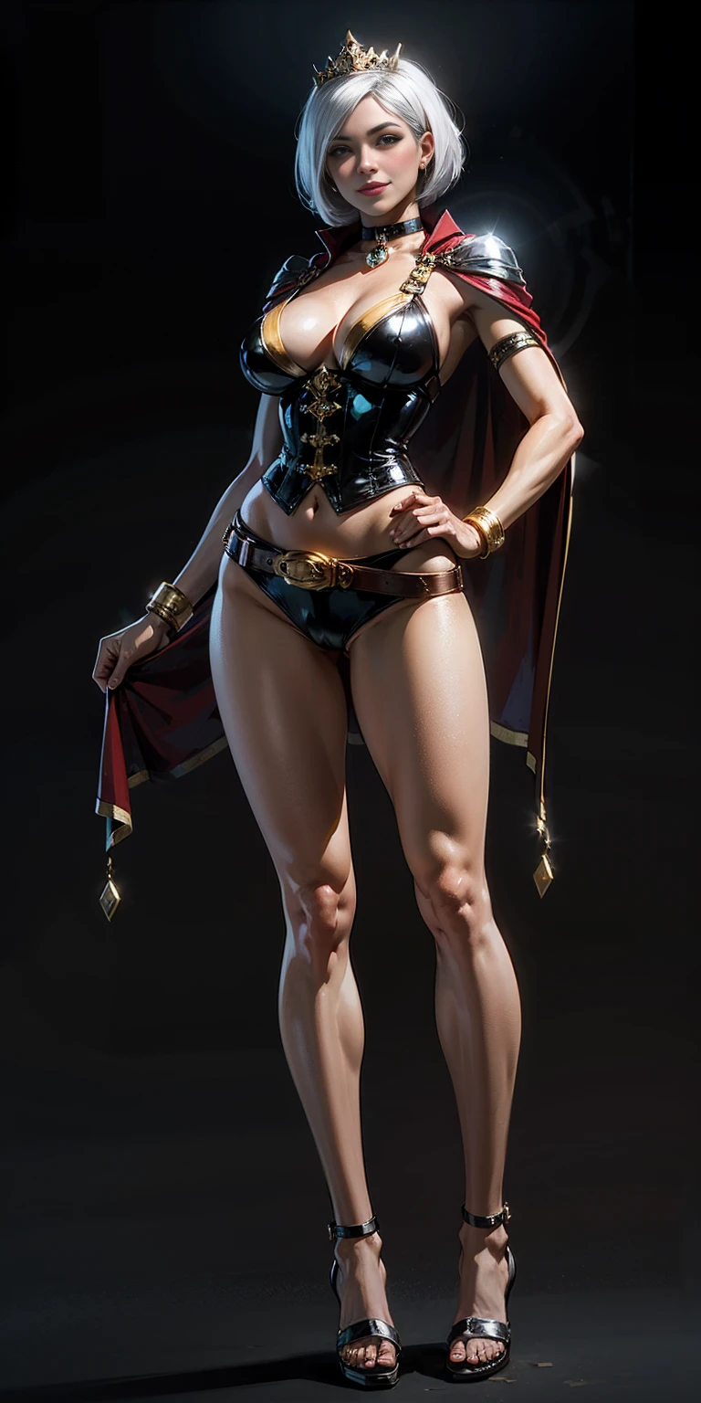 ((BLACK BACKGROUND,1:2, masterpiece)), full body MILF BIMBO standing with two long thighs and two high heels, red eyes, silver white hair, short bob style hair, big breasts, cleavage, separate sleeves, tiara royal, long cape up to two feet, yellow bikini, hands on waist, navel, lustful smirking smiling, smile face (red blushed, red cheeks), metal shoulders, gold sleeveless armbands, black leather choker slave collar, shackle bracelets, sex slave red crest, full body MILF BIMBO standing with two long thighs and two metal sandals, red eyes, silver white hair, short bob style hair, big breasts, cleavage, separate sleeves, tiara royal, long cape up to two feet, yellow bikini, hands on waist, navel, lustful smirking smiling, smile face (red blushed, red cheeks), metal shoulders, gold sleeveless armbands, black leather choker slave collar, shackle bracelets, sex slave red crest, pauldrons, breastplate, corset, eye focus, full body, whole body. 1solo . slave fighter, loincloth standing, hands on hips, metal sandals, backpack, choker, big belt, view from below, feet together, bracers, tiara)
