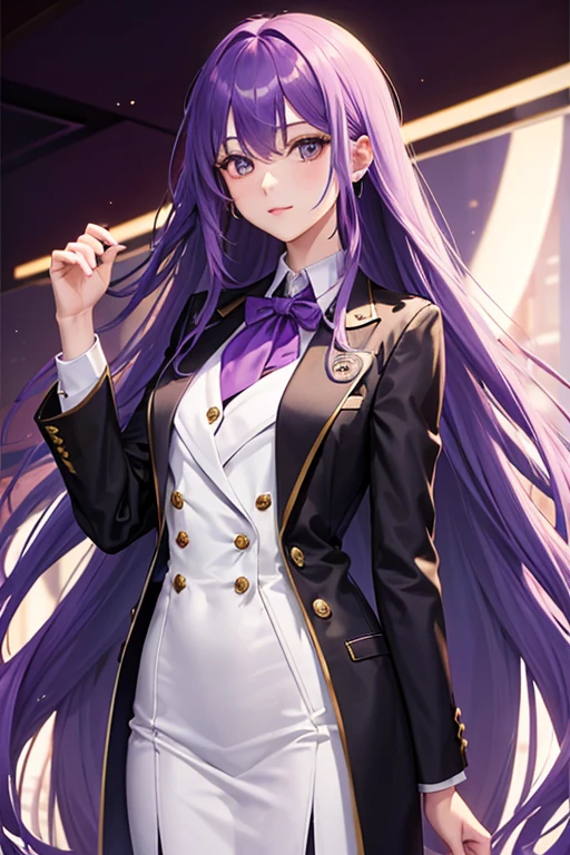 long purple hair, Miss, suit, thin and long, 25 years old,