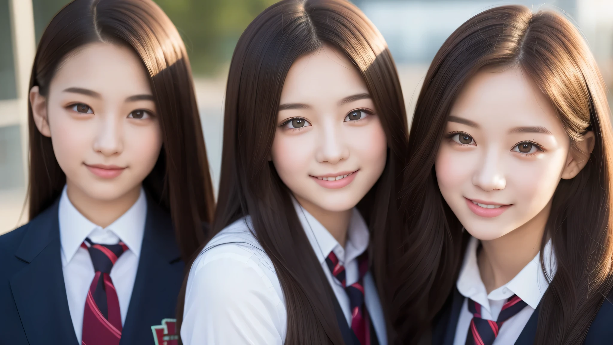 (Twins), 2girl, similar faces, beautiful girls, enchanting smile, (highly detailed eyes, highly detailed face), Fresh, very clean appearance, (hyper-realistic, hight resolution), (best Quality:1.4), Professional Photography, (high school uniform:1.2), focus on the face,