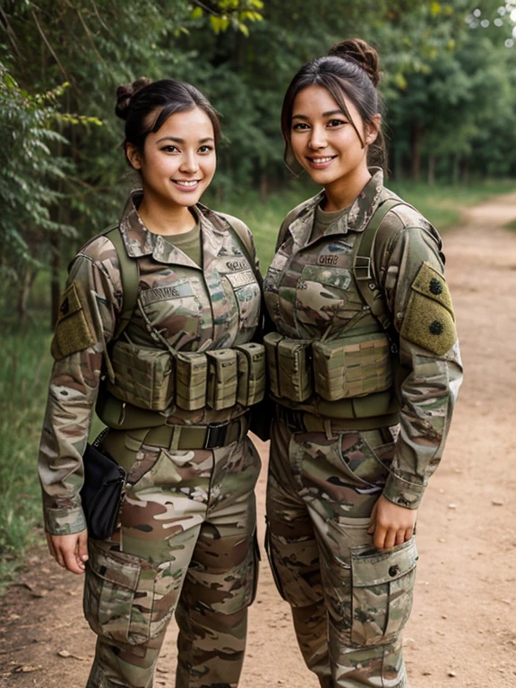 French, plump body, messy bun, camo military fatigues, outdoor, barracks, happy, crossing arms