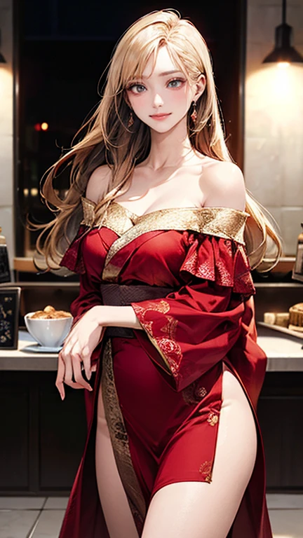 (masterpiece:1.2, highest quality), (realistic, photorealistic:1.4), beautiful illustrations, (natural side lighting, movie lighting),
looking at the viewer, 1 girl, Japanese, 17 years old, perfect face, perfect body, Cute symmetrical face, shiny skin, baby face,
(long hair, straight hair, long sideburns, hair intake, blonde), flowing bangs, gold eyes, Big eyes, (medium breasts, seductive thighs), earrings,
beautiful hair, beautiful face, detailed and beautiful eyes, beautiful clavicle, beautiful body, beautiful breasts, beautiful thighs, beautiful feet, beautiful fingers,
((Off-the-shoulder red dress),),
(beautiful scenery), evening, (Cafe Shop), Are standing, reach out your hand, (adorable smile, upper eye),