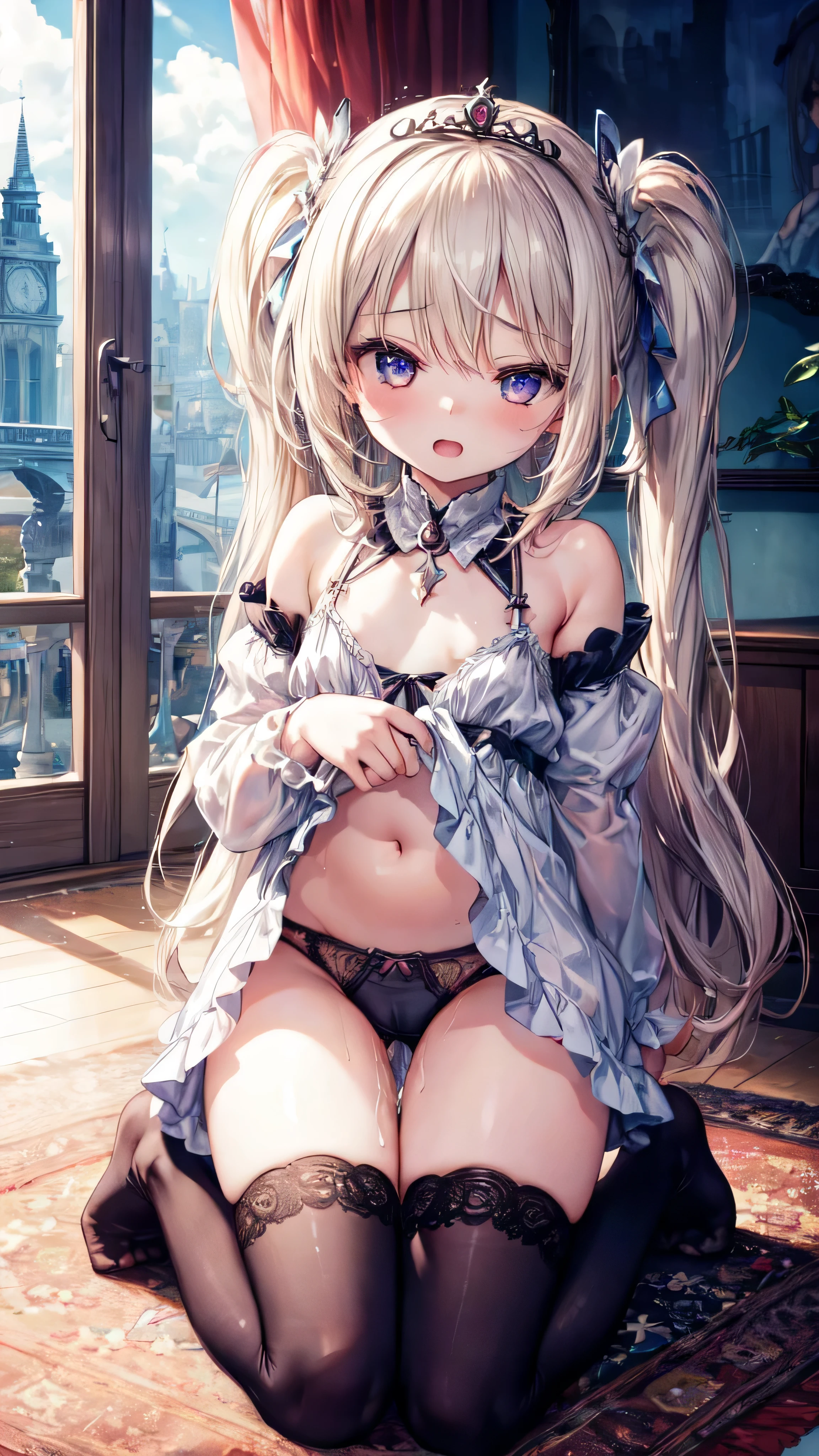 (Ultra-high resolution of the highest quality, masutepiece, Best Quality, 8K, Super Detail, Best Quality:1.3), (1 littlegirl:1.9), (smallbody:1.8), (tiny body:1.8), (Loli:1.8), (flat chest:1.4), (petite:1.8), (slender body:1.1), (drooping eyes:1.2), (blush cheek:1.2), long hair, blonde hair, ribbon, europe castles, balcony, front view, beautiful hair, beautiful face, beautiful eyes, beautiful body, beautiful hands, (underwear:1.4), tiara, erect nipples, small nipples, (orgasm:1.4), (looking up:1.4), (kneeling:1.2), (half closed eyes:1.2), (face focus:1.6)