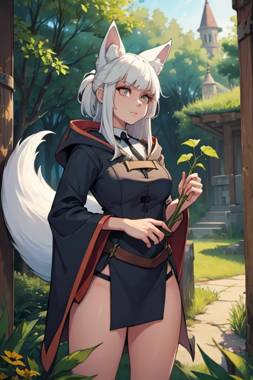 A white haired female witch with copper eyes and white fox ears and a white fox tail in a conservative witch's uniform is holding a magical plant