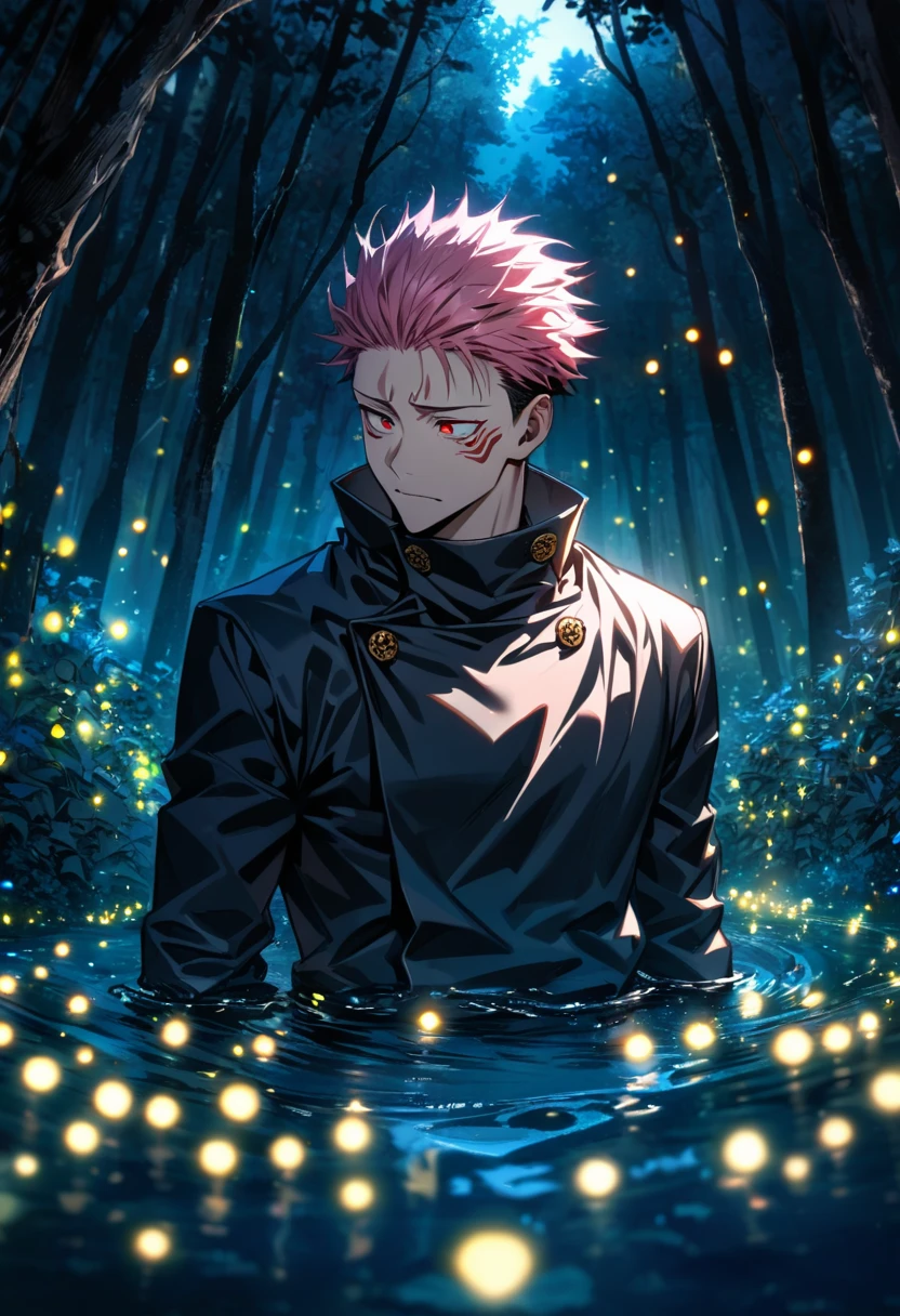 Ultra detailed, highres, absurdres, HDR, master piece, Itadori Yuuji, pink hair, short bangs, expressive brown eyes, Jujutsu Kaisen, water, autumn, petals, orange and yellow leaves, sexy man, solo, handsome, black shirt, black long coat, red, toned chest, best quality