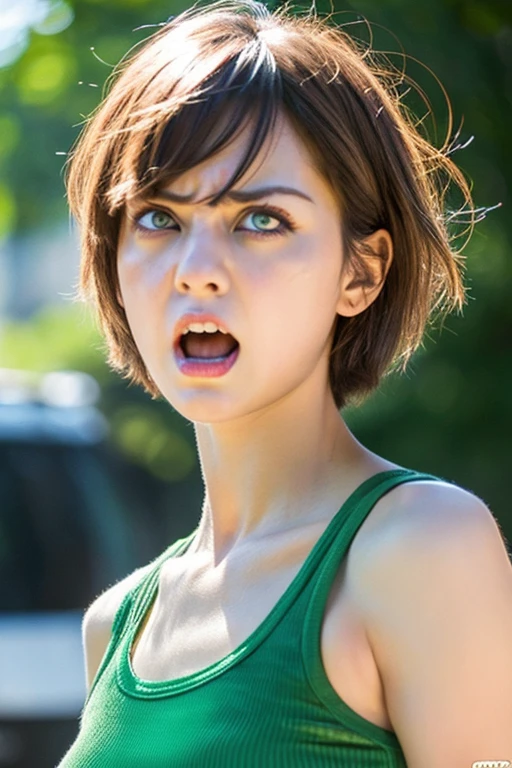 Beautiful and has green eyes、Generate an image of a woman with short hair and an angry expression。She is wearing a tank top、The background emphasizes her anger.。