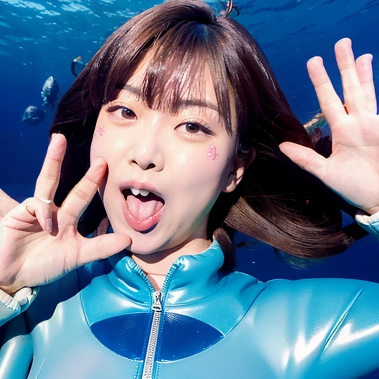 (masterpiece, highest quality:1.2), 1 girl, alone　A woman in a rubber suit is making an ahegao face and giving a double peace sign　an underwater city　beautiful girl　Hair Color Pink　　High resolution　Nose hook　cross-eyed　sticking out tongue