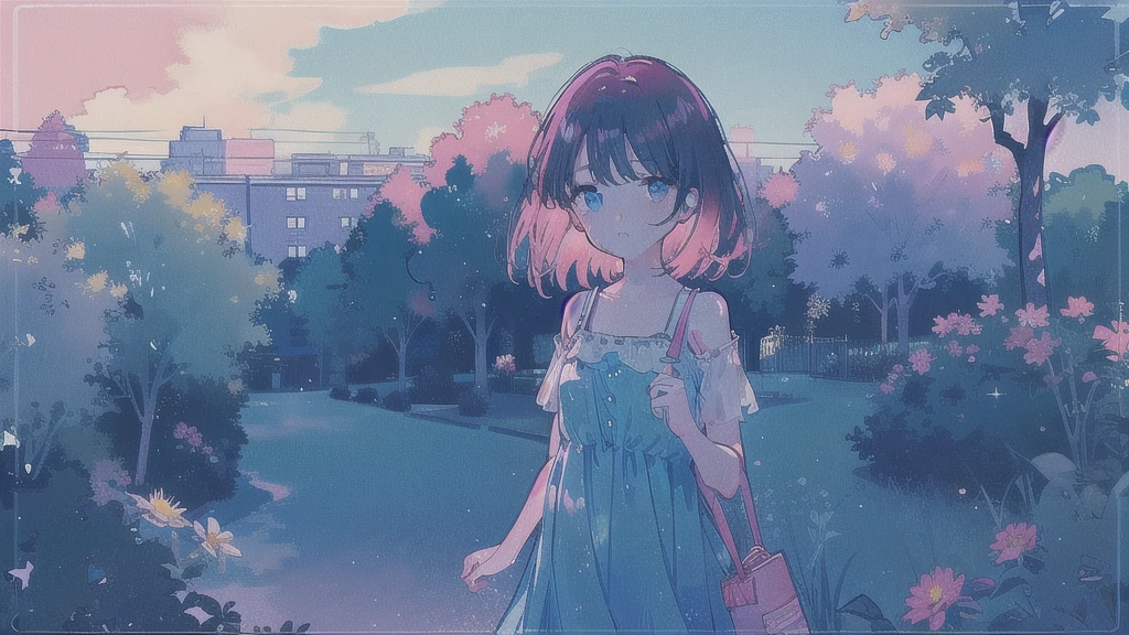 (watercolor), (low contrast), (face, 1 girl, sundress, look at viewer, cowboy shot), (park with flowerbeds)