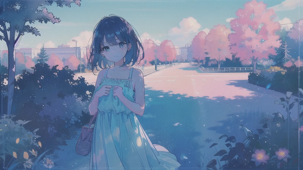(watercolor), (low contrast), (face, 1 girl, sundress, look at viewer, cowboy shot), (park with flowerbeds)