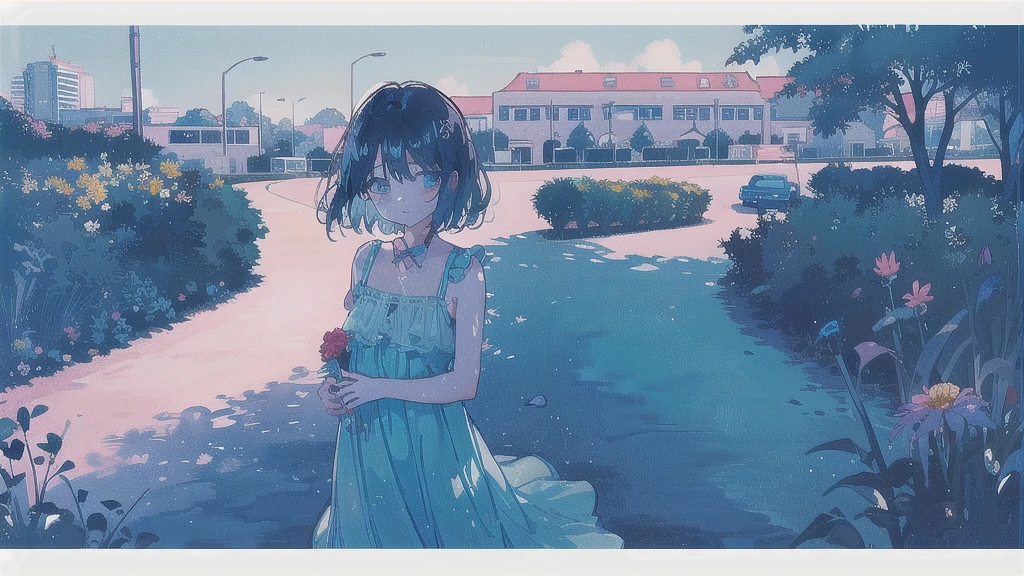 (watercolor), (low contrast), (face, 1 girl, sundress, look at viewer, cowboy shot), (park with flowerbeds)