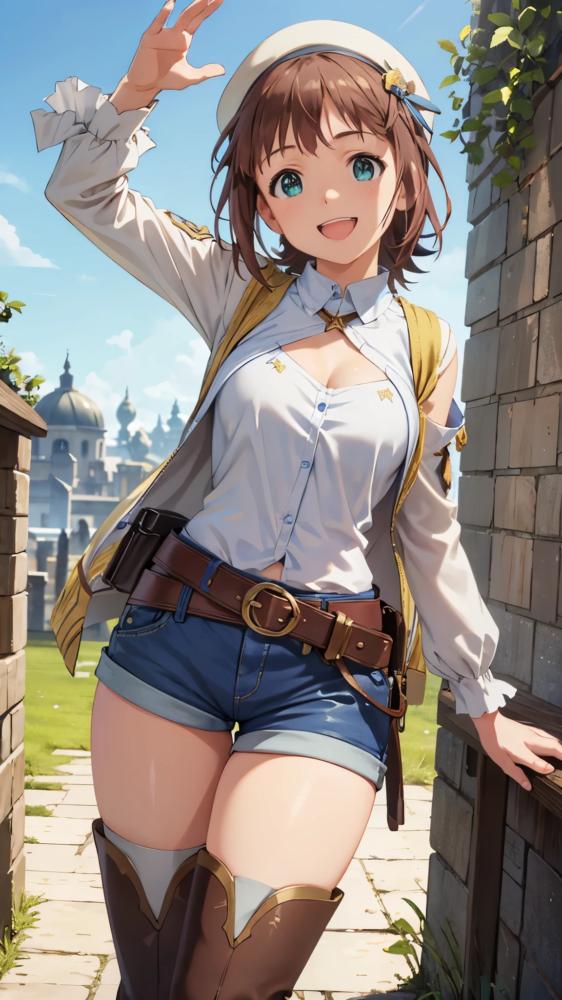 CG, unity, 8k, wallpaper, highest quality, masterpiece, 1 girl, haruka amami, cowboy shot, standing, looking at viewer, outdoors, waving, (smile: 1.2), open mouth, thigh boots, shorts, thighs, best lighting, complex pupils, complex textile, realistic skin texture, detailed background, (Traditional stone town in Europe), (blue sky: 1.5)