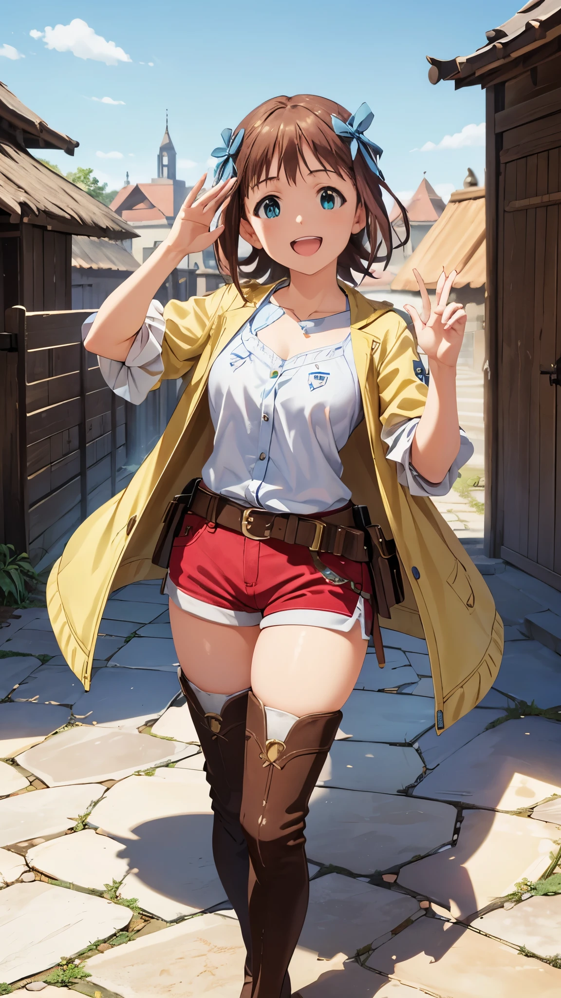 CG, unity, 8k, wallpaper, highest quality, masterpiece, 1 girl, haruka amami, cowboy shot, standing, looking at viewer, outdoors, waving, (smile: 1.2), open mouth, thigh boots, shorts, thighs, best lighting, complex pupils, complex textile, realistic skin texture, detailed background, (Traditional stone town in Europe), (blue sky: 1.5)