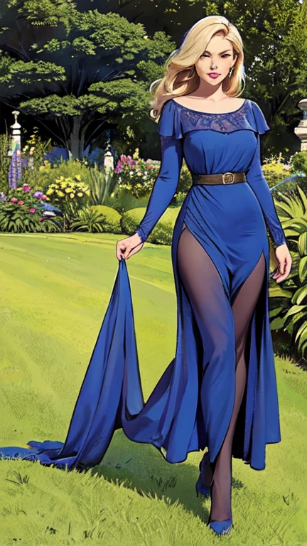 masterpiece,extremely beautiful woman,highly detailed beautiful face,big eyelahes,minimum waist,maxi slit dress, tights,straight blonde hair,excellent sense,American Comics,(((The Perfect One Woman))),(((one person))),colorful,highly detailed body,florish garden in the background 