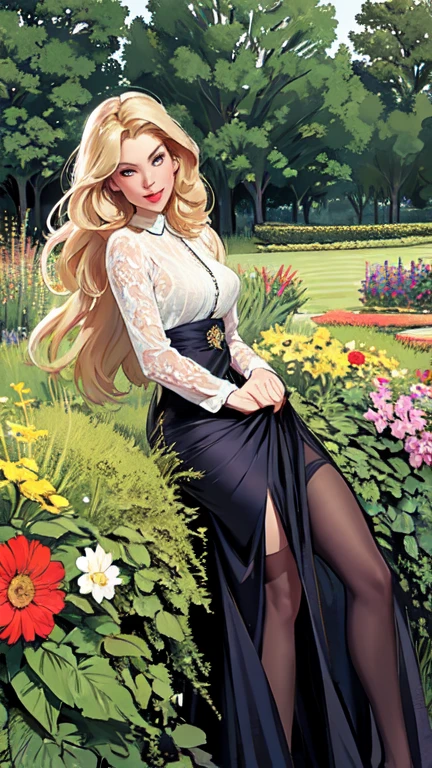 masterpiece,extremely beautiful woman,highly detailed beautiful face,big eyelahes,minimum waist,maxi slit dress, tights,straight blonde hair,excellent sense,American Comics,(((The Perfect One Woman))),(((one person))),colorful,highly detailed body,florish garden in the background 