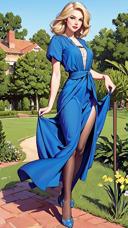 masterpiece,extremely beautiful woman,highly detailed beautiful face,big eyelahes,minimum waist,maxi slit dress, tights,straight blonde hair,excellent sense,American Comics,(((The Perfect One Woman))),(((one person))),colorful,highly detailed body,florish garden in the background 