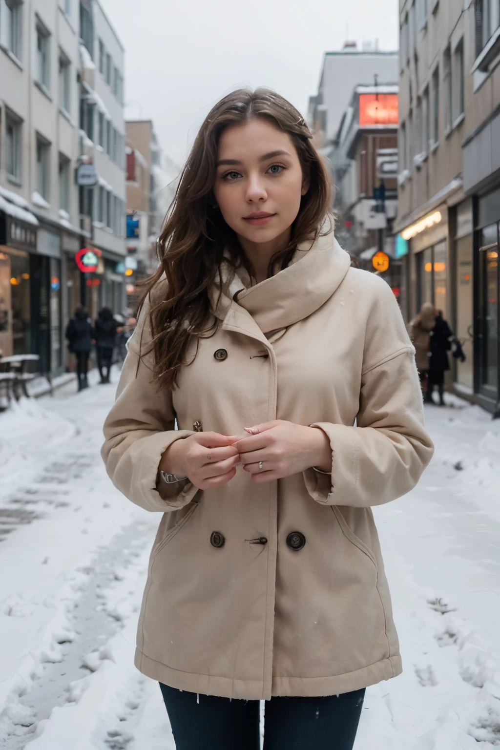 professional portrait photograph of a gorgeous Norwegian girl in winter clothing with long wavy blonde hair, sultry flirty look, gorgeous symmetrical face, cute natural makeup, wearing elegant warm winter fashion clothing, ((standing outside in snowy city street)), stunning modern urban environment, ultra realistic, concept art, elegant, highly detailed, intricate, sharp focus, depth of field, f/1. 8, 85mm, medium shot, mid shot, (((professionally color graded))), bright soft diffused light, (volumetric fog), trending on instagram, hdr 4k, 8k
