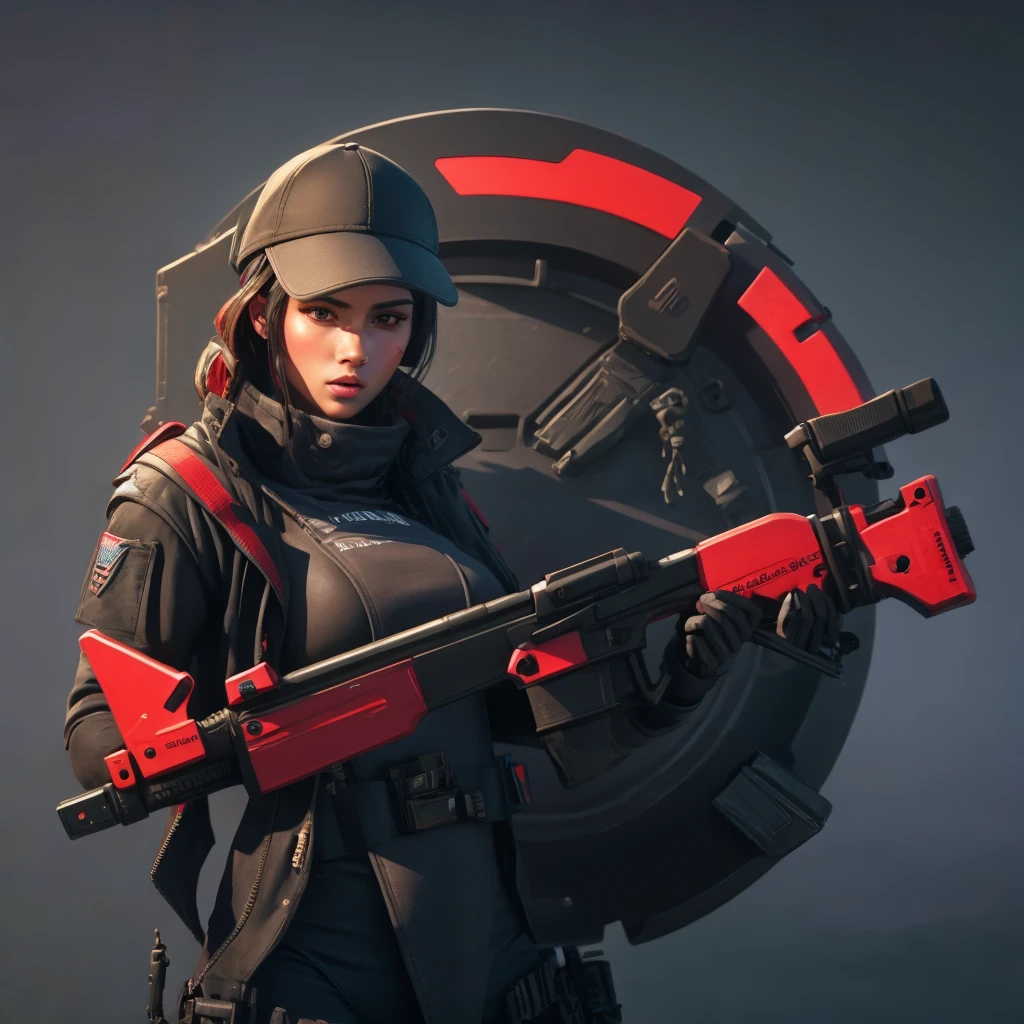 (Masterpiece, best quality:1.15), ribbon logo, circular brand logo with red and white color schema inspired in Call of Duty saga and military style with only 1 girl operator in (((full body))) with tactical gear and (((two wolves))) in the middle of the logo, (1girl:1.5)