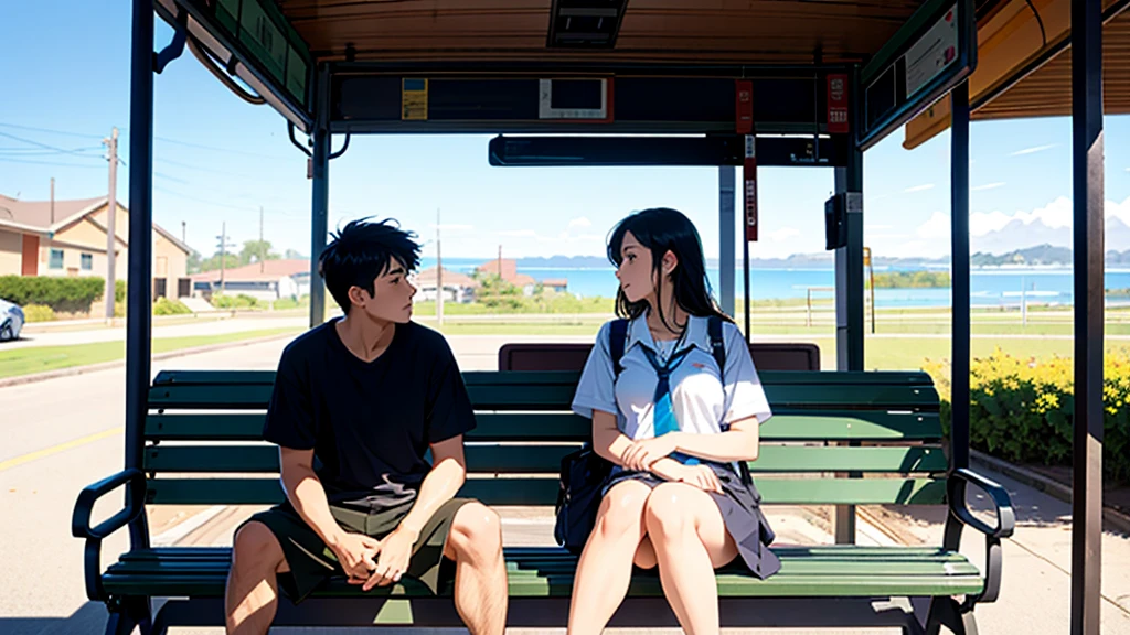 masterpiece, best quality, highschool couple,(sitting on bench at bus stop),bus stop,sea view,old bus stop,rural,sunny day,(long shot), beautiful lighting,looking away,(photographic portrait),