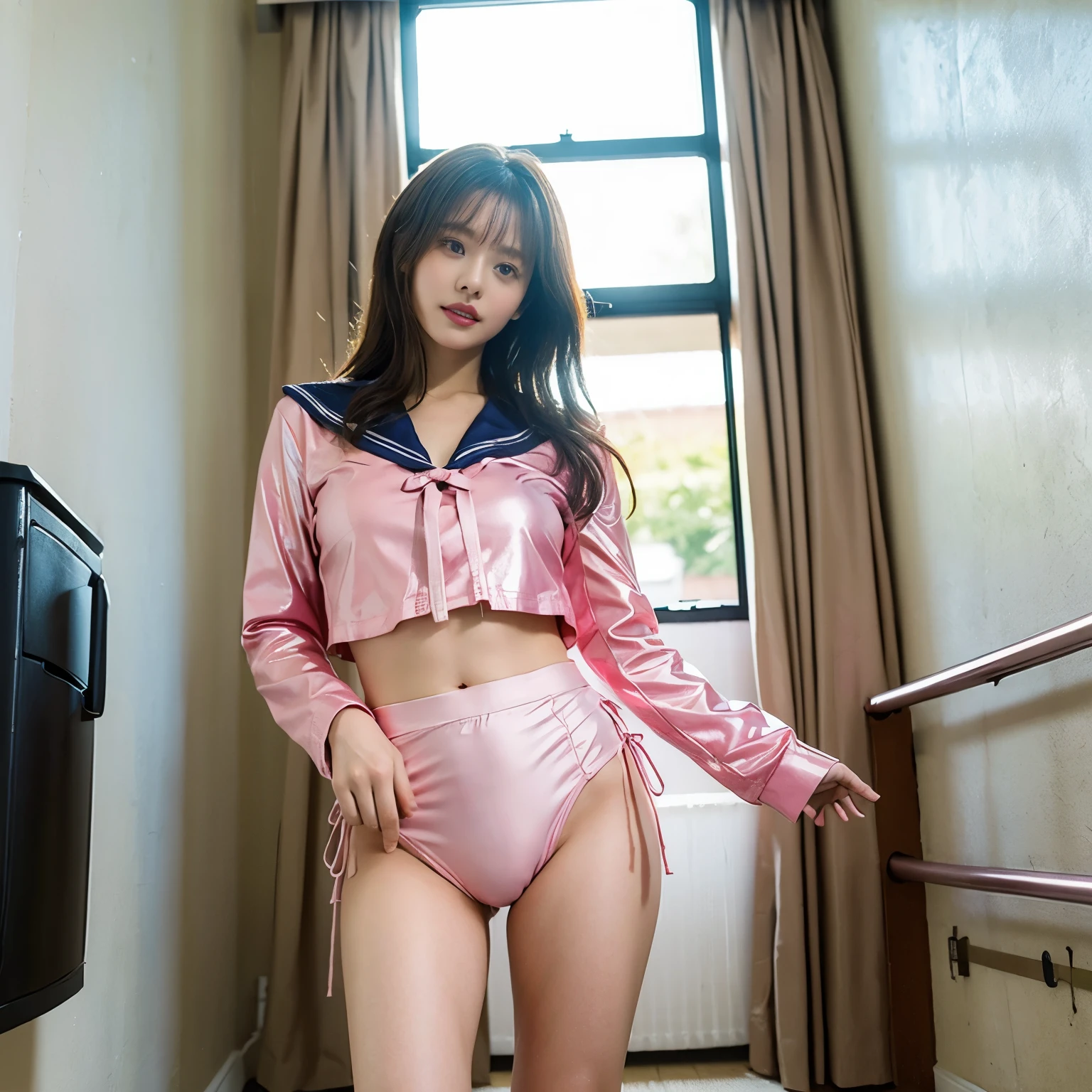 (highest quality、4k、8k、High resolution、masterpiece: 1.2)、Super detailed、(real、photorealistic、photorealistic: 1.37)、beautiful young woman、High Tech City、Shining neon lights、((A pink metallic sailor suit that fits snugly against the skin:1.5))、(She lifts her skirt to reveal gorgeous floral panties:1.5), Body fluids continue to drip from my crotch!