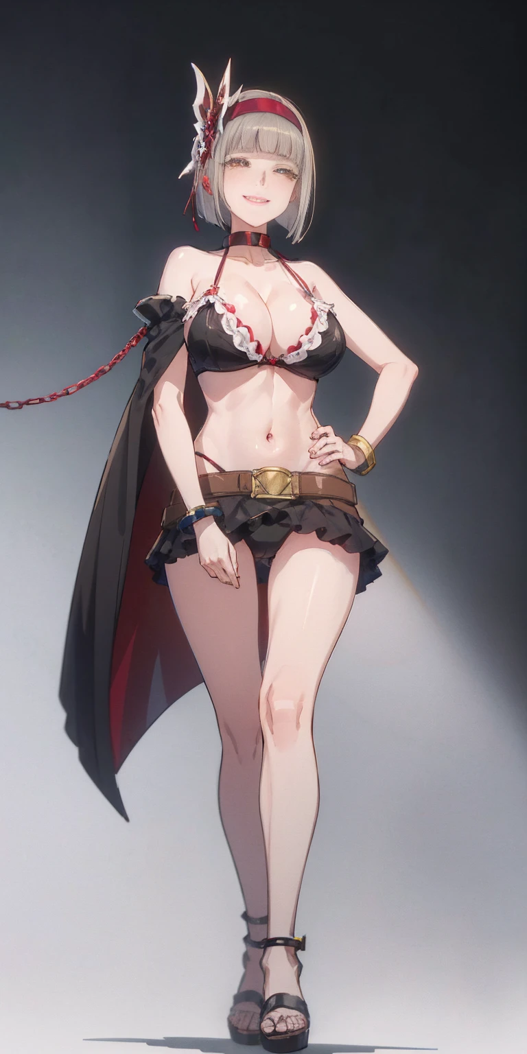 ((BLACK BACKGROUND,1:2, masterpiece)), full body MILF BIMBO standing with two long thighs and two high heels, red eyes, silver white hair, short bob style hair, big breasts, cleavage, separate sleeves, tiara royal, long cape up to two feet, yellow bikini, hands on waist, navel, lustful smirking smiling, smile face (red blushed, red cheeks), metal shoulders, gold sleeveless armbands, black leather choker slave collar, shackle bracelets, sex slave red crest, full body MILF BIMBO standing with two long thighs and two metal sandals, red eyes, silver white hair, short bob style hair, big breasts, cleavage, separate sleeves, tiara royal, long cape up to two feet, yellow bikini, hands on waist, navel, lustful smirking smiling, smile face (red blushed, red cheeks), metal shoulders, gold sleeveless armbands, black leather choker slave collar, shackle bracelets, sex slave red crest, pauldrons, breastplate, corset, eye focus, full body, whole body. 1solo . slave fighter, loincloth standing, hands on hips, metal sandals, backpack, choker, big belt, view from below, feet together, bracers, tiara)