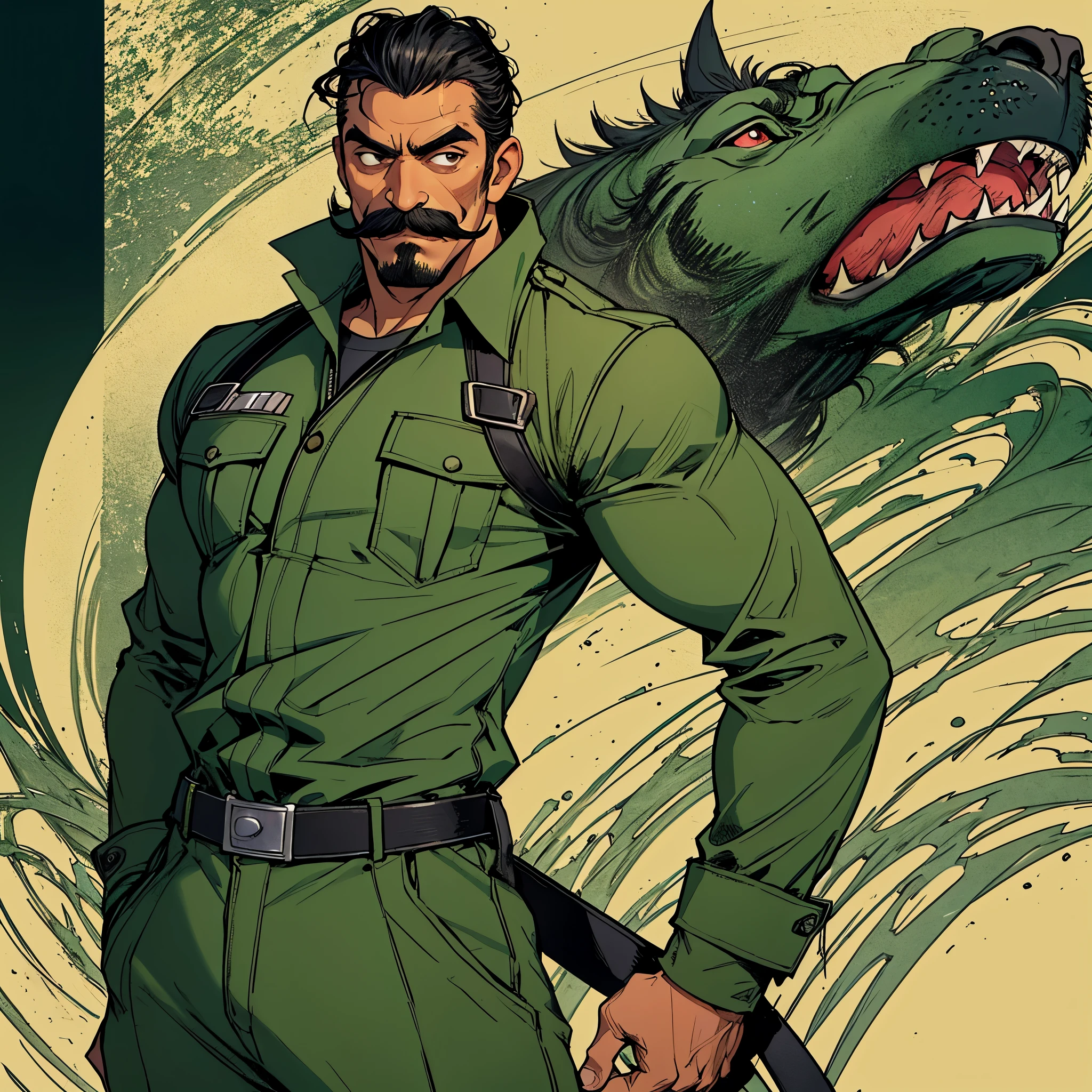 ((garoto)), ((Black Power)), ((dark green jumpsuit)), ((pardo)), ((moustache)), ((bigode)), ((definido))